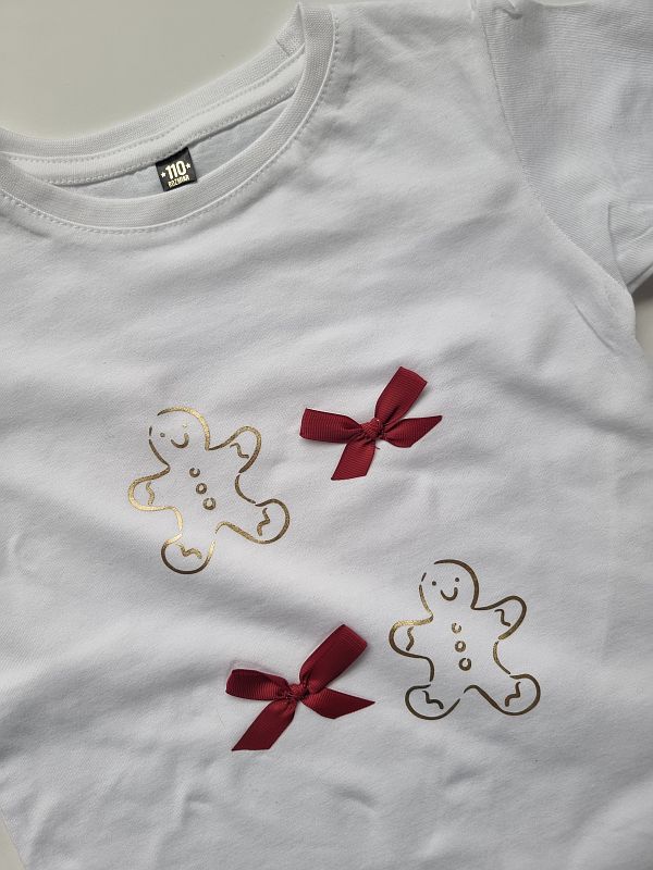 Koszulka biała krótki rękaw pierniki i kokardki rozmiar 110