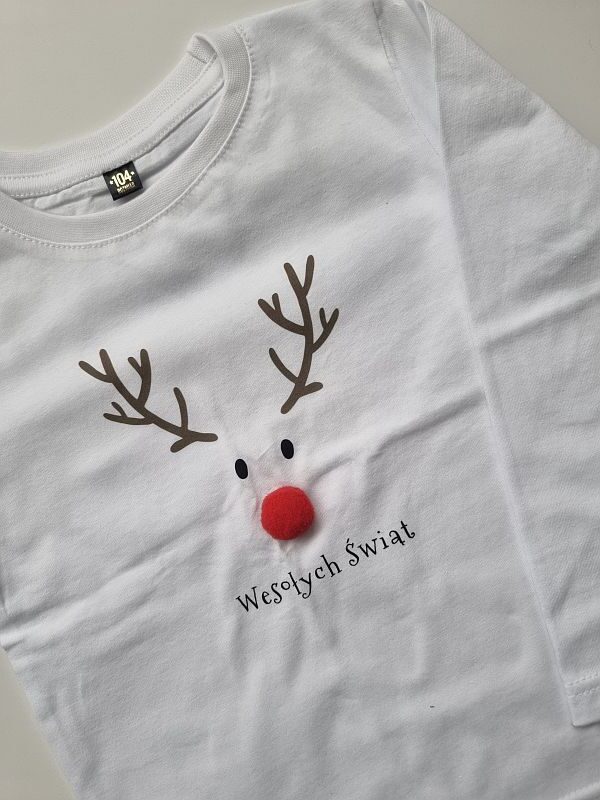 Koszulka biała długi rękaw renifer z pluszowym nosem rozmiar 104