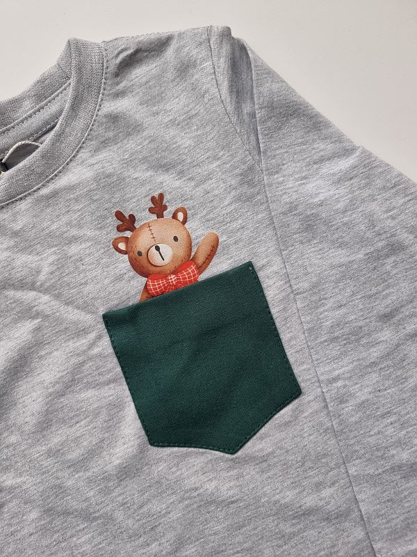 Koszulka szara długi rękaw renifer w kieszonce rozmiar 92