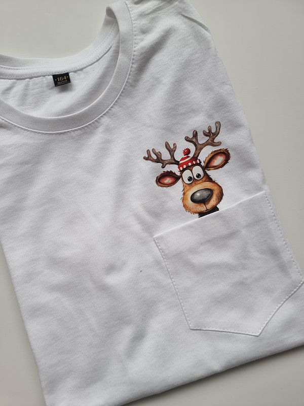 Koszulka biała krótki rękaw renifer w kieszonce rozmiar 164
