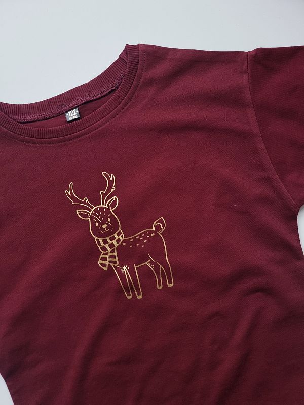 Koszulka bordowa krótki rękaw złoty renifer rozmiar 122