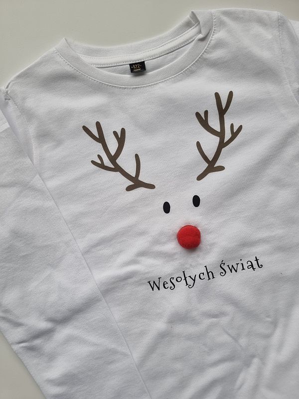 Koszulka biała długi rękaw renifer z pluszowym nosem rozmiar 122