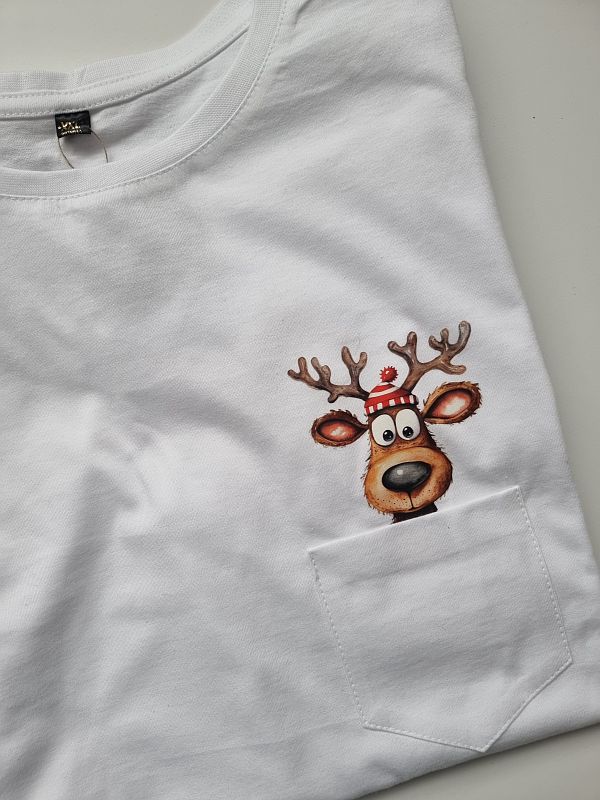 Koszulka męska slim biała renifer w kieszonce rozmiar XXL