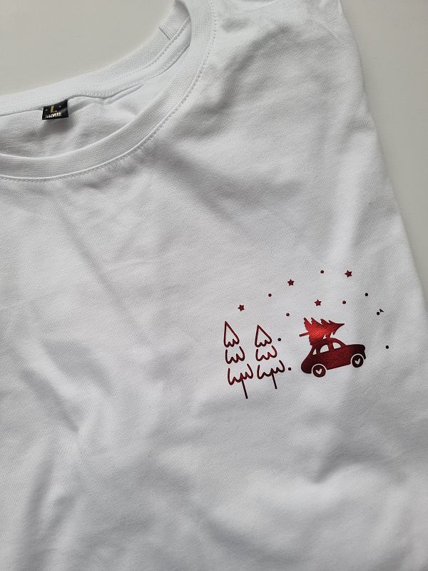 Koszulka męska slim biała samochód z choinkami rozmiar L