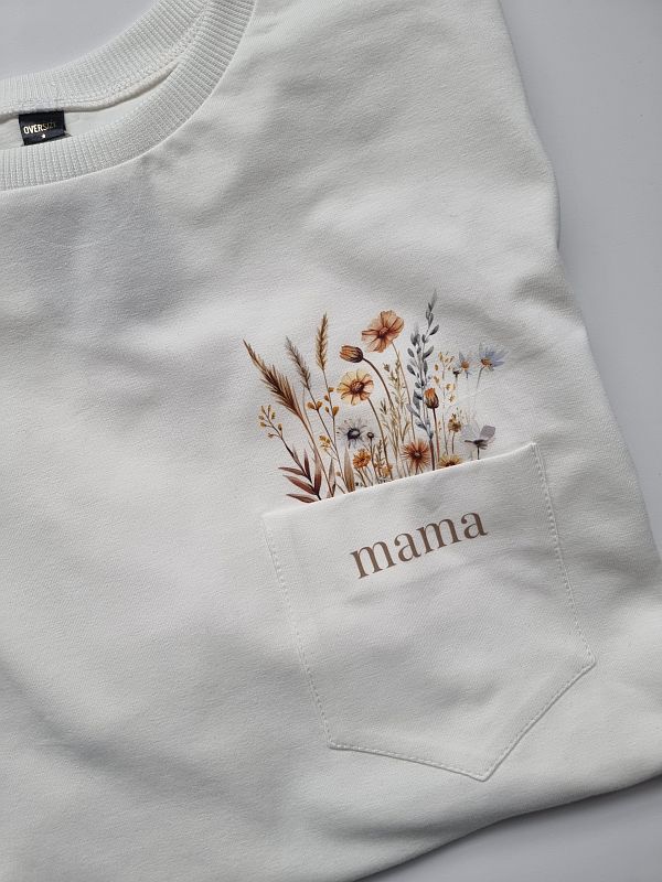 Koszulka damska ecru kwiaty w kieszonce rozmiar oversize