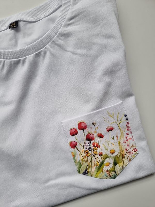 Koszulka damska biała kieszonka łąka rozmiar M