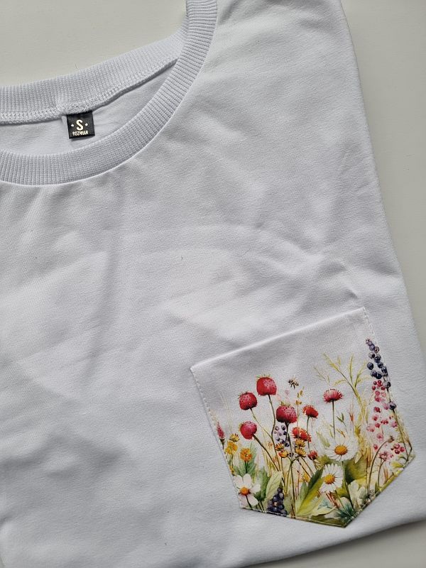 Koszulka damska biała kieszonka łąka rozmiar S