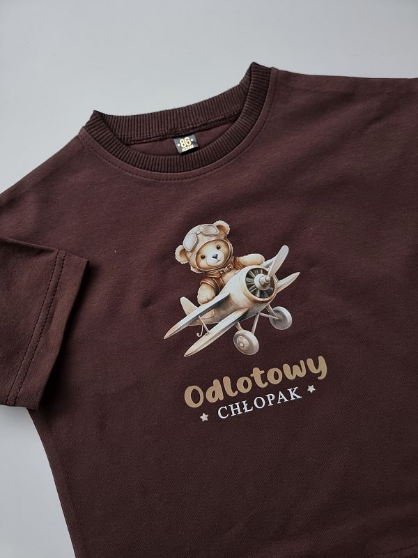 Koszulka brązowa krótki rękaw miś w samolocie rozmiar 86