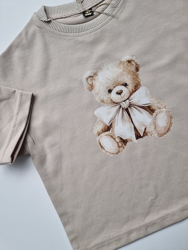 Koszulka beżowa krótki rękaw miś z kokardą rozmiar 86