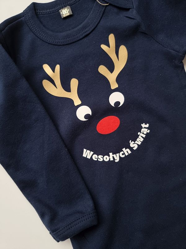 Body granatowe długi rękaw renifer uśmiech rozmiar 86