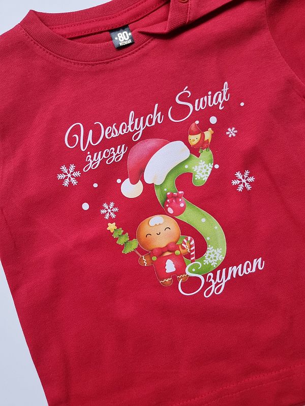 Koszulka czerwona krótki rękaw wesołych świąt życzy Szymon rozmiar 80
