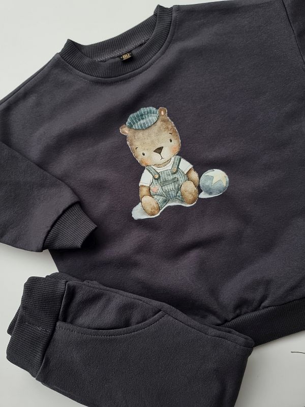 Komplet grafitowy bluza + spodnie miś z piłką rozmiar 80