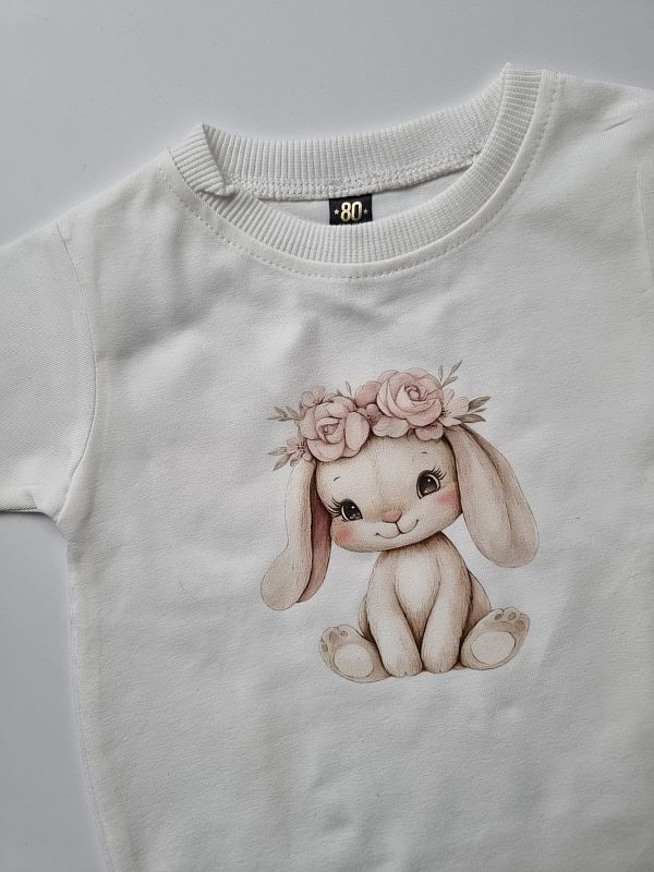 Koszulka ecru krótki rękaw króliczek w wianku rozmiar 80