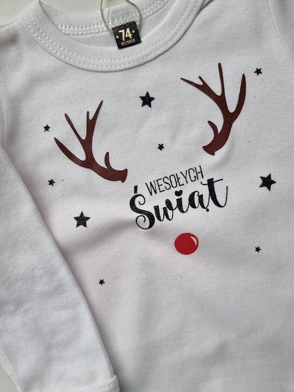 Body białe długi rękaw renifer wesołych świąt rozmiar 74