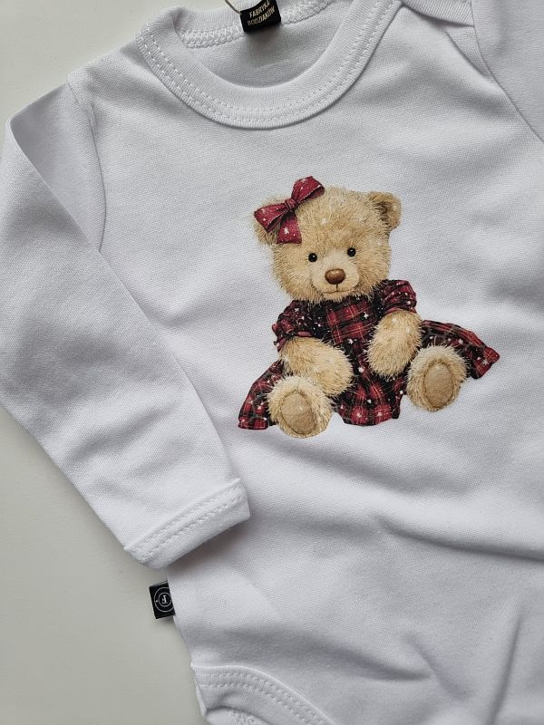 Body białe długi rękaw miś w bordowej sukience rozmiar 62