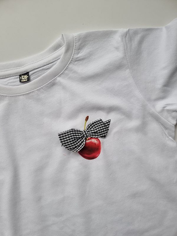 Koszulka biała krótki rękaw wisienka z kokardką rozmiar 128