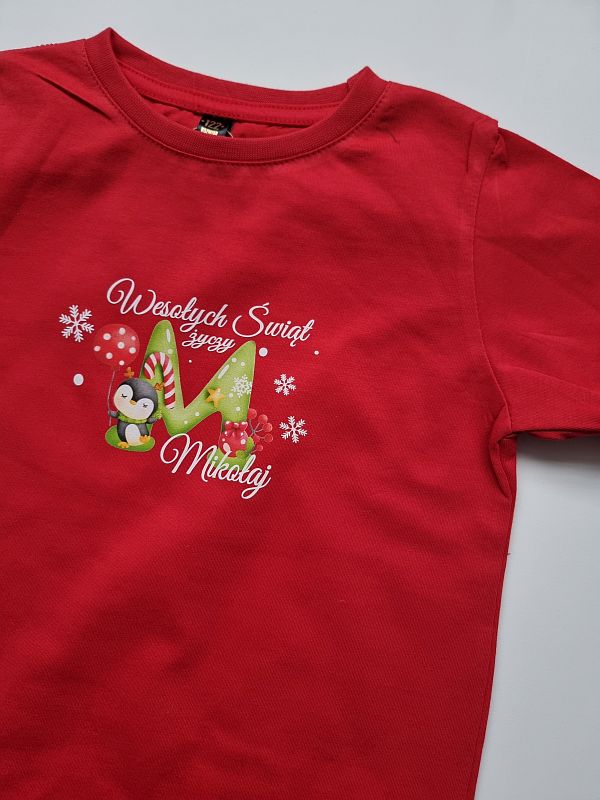 Koszulka czerwona krótki rękaw wesołych świąt życzy Mikołaj rozmiar 122