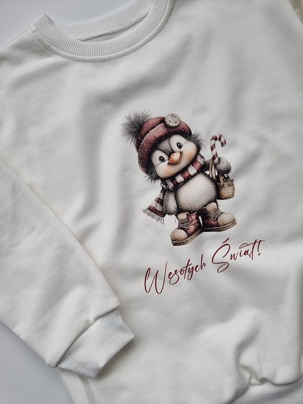 Bluza ecru pingwinek wesołych świąt rozmiar 116