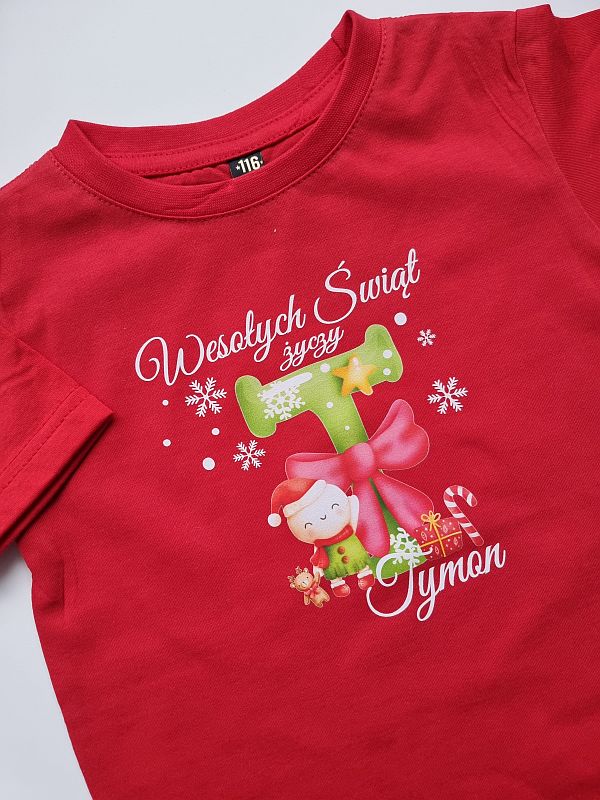 Koszulka czerwona krótki rękaw wesołych świąt życzy Tymon rozmiar 116