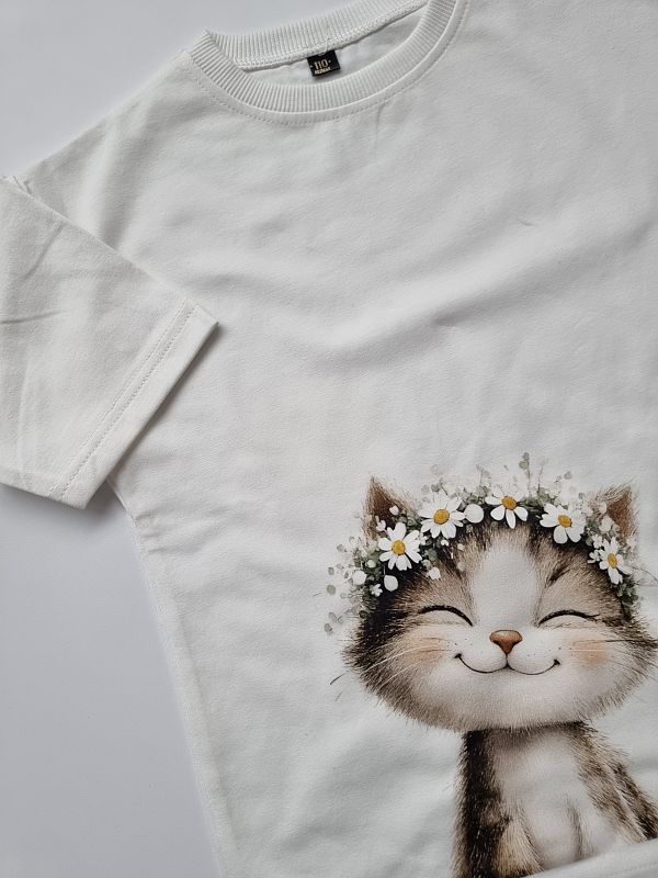 Koszulka ecru krótki rękaw kotek rozmiar 110