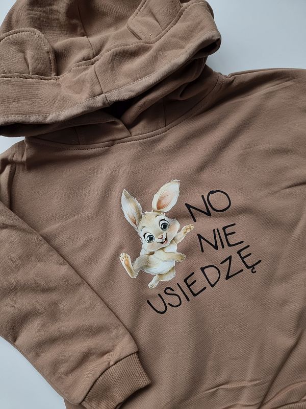 Bluza beżowa z kapturem no nie usiedzę rozmiar 104