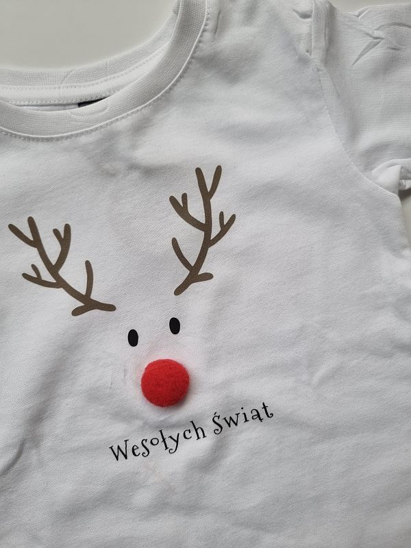 Koszulka biała krótki rękaw renifer z pluszowym noskiem rozmiar 92