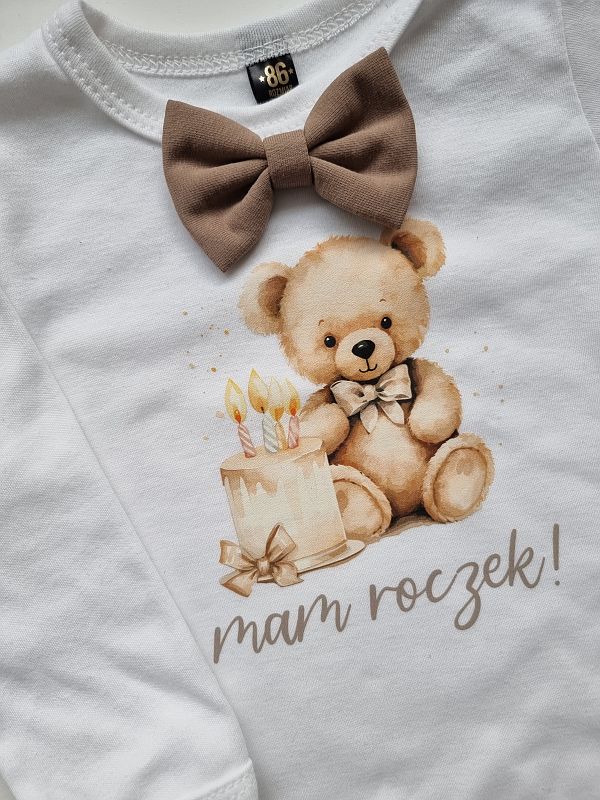 Body białe długi rękaw kawowa mucha i misio mam roczek rozmiar 86