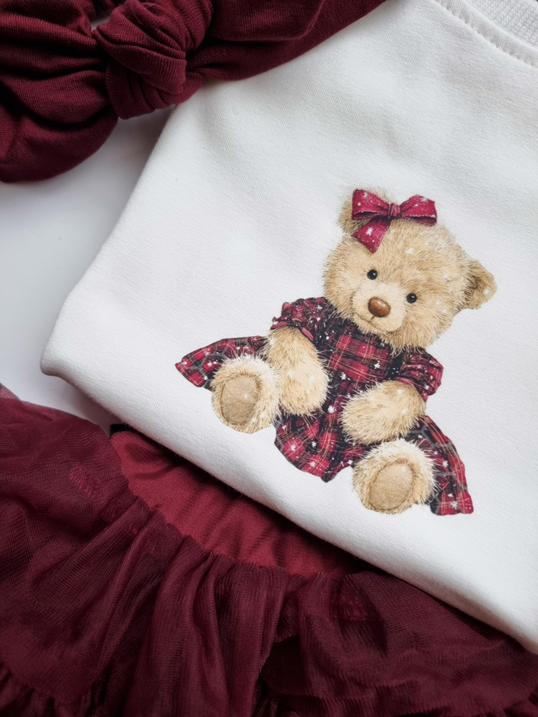 Body dla niemowlaka miś w bordowej sukience