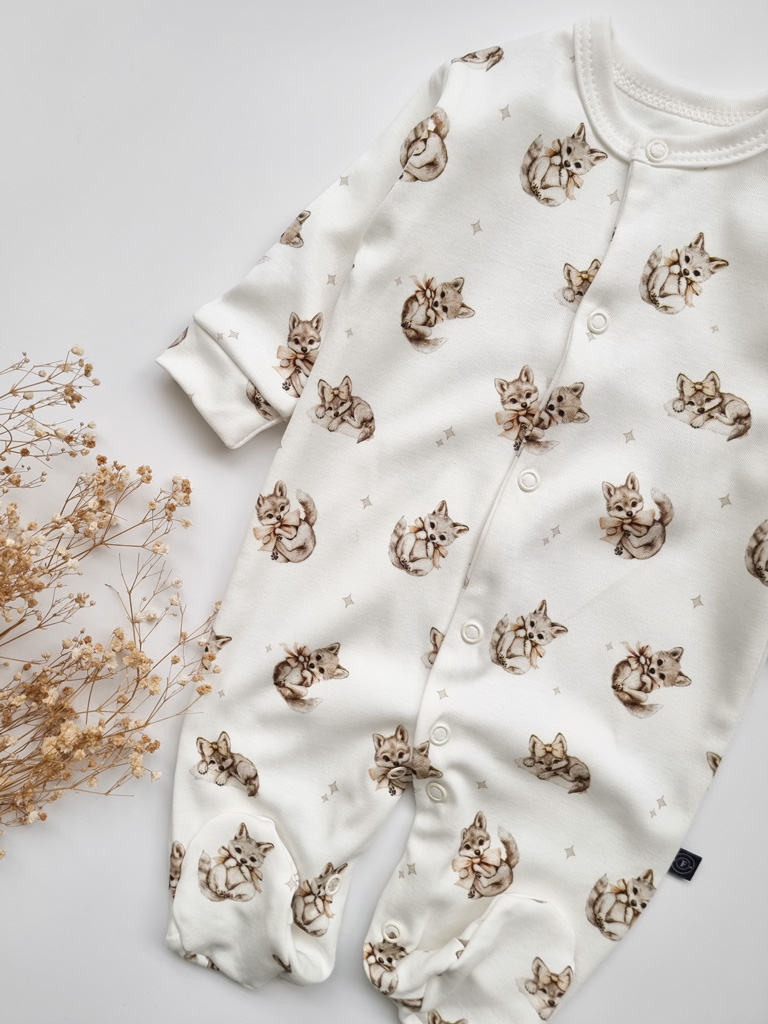 Bawełniany pajac niemowlęcy ze stópkami wilki z kokardkami