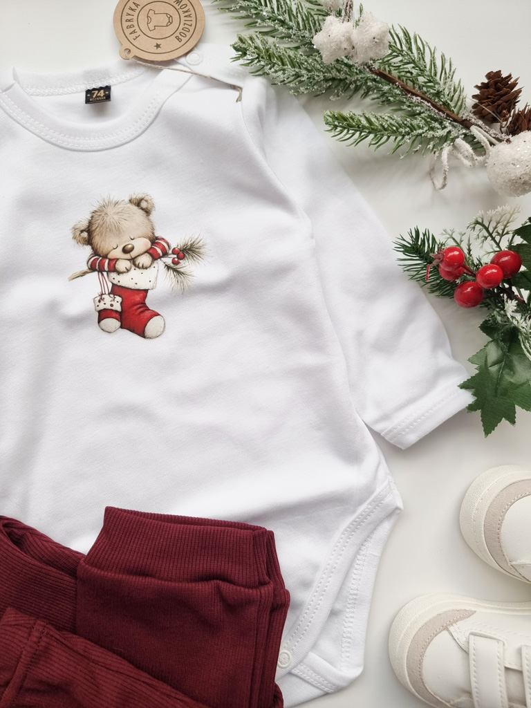 Body niemowlęce misio w świątecznej skarpecie