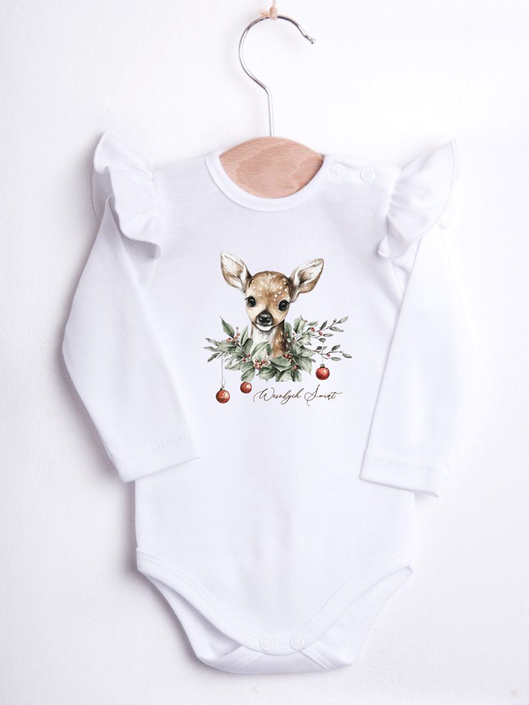 Body niemowlęce z falbankami przy rękawach sarenka Wesołych Świąt