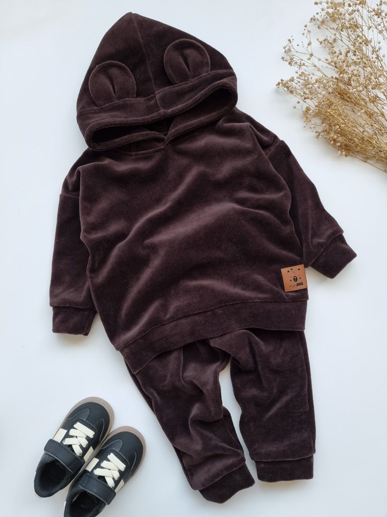 Dres welurowy dziecięcy czekoladowy bluza + spodnie