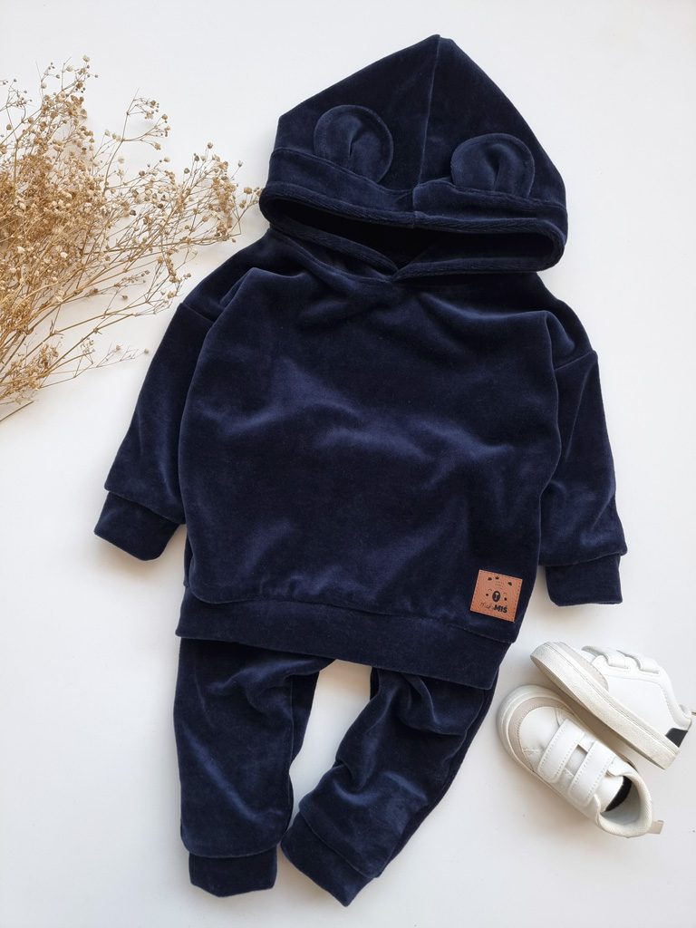 Dres welurowy dziecięcy granatowy bluza + spodnie