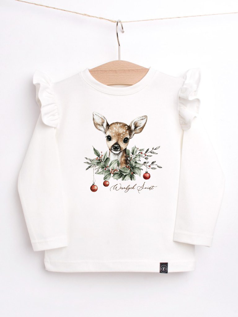Koszulka z falbankami przy rękawach sarenka Wesołych Świąt