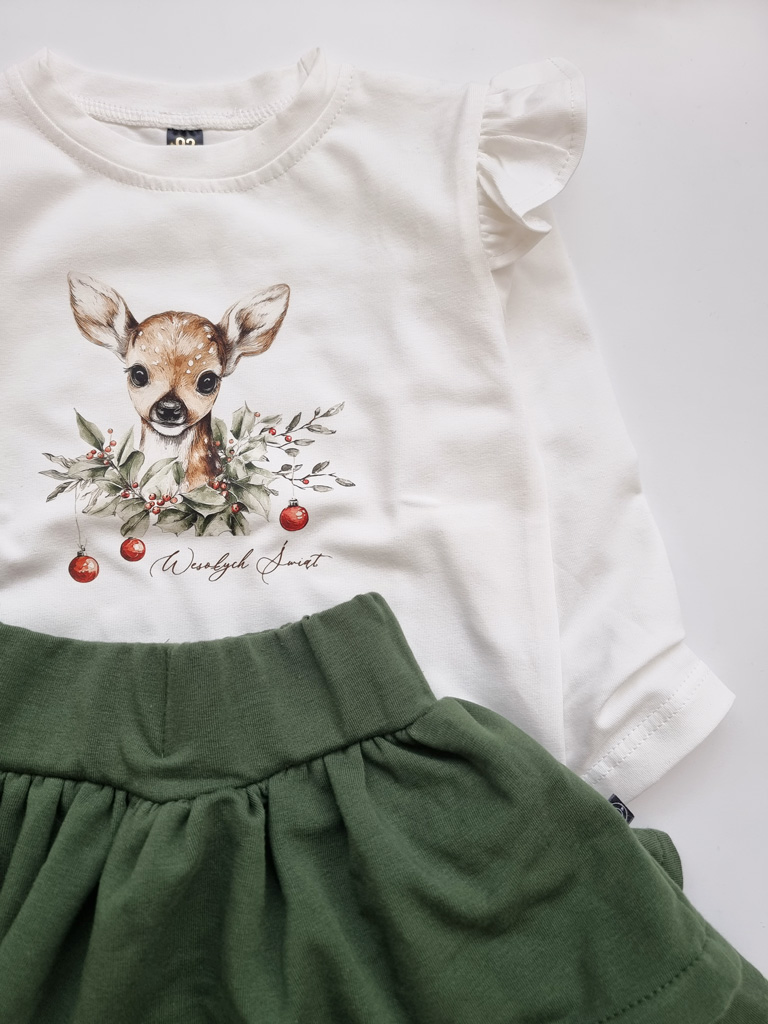 Koszulka z falbankami przy rękawach sarenka Wesołych Świąt