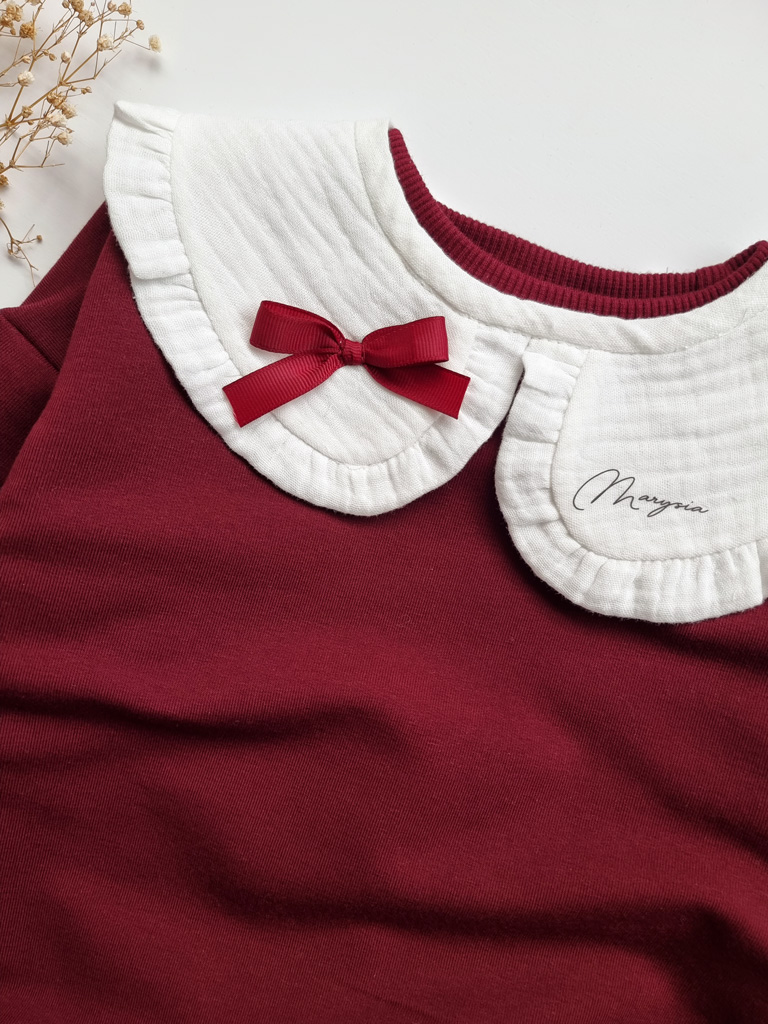 Kołnierzyk dziecięcy muślinowy z falbanką imię i kokardka