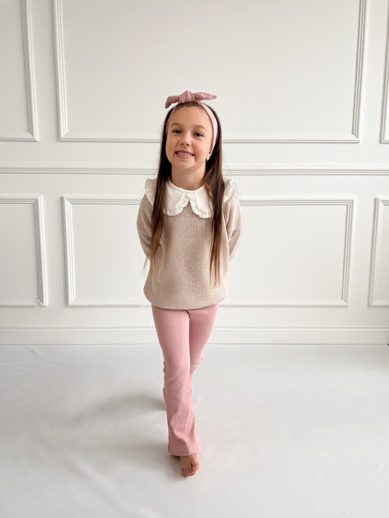 Spodnie dziecięce prążkowane dzwony brudny róż