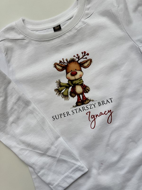 Koszulka biała długi rękaw renifer Ignacy rozmiar 104