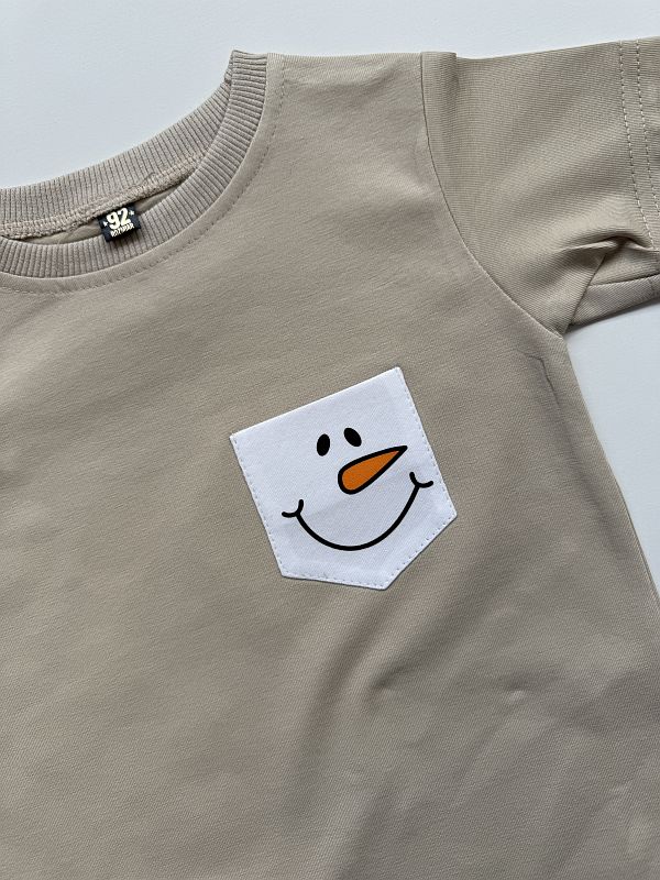 Koszulka beżowa krótki rękaw kieszonka buzia bałwanka rozmiar 92