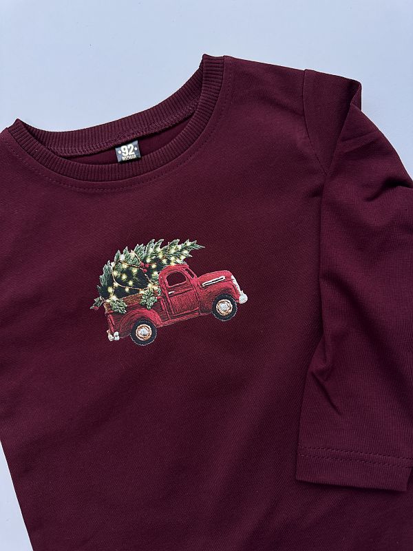 Koszulka bordowa długi rękaw samochód z choinką rozmiar 92