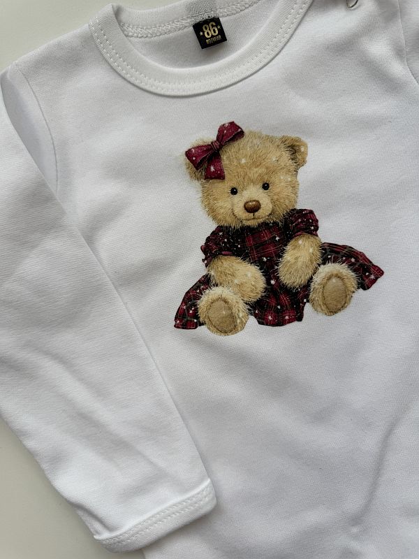 Body białe długi rękaw miś w w bordowej sukience rozmiar 86