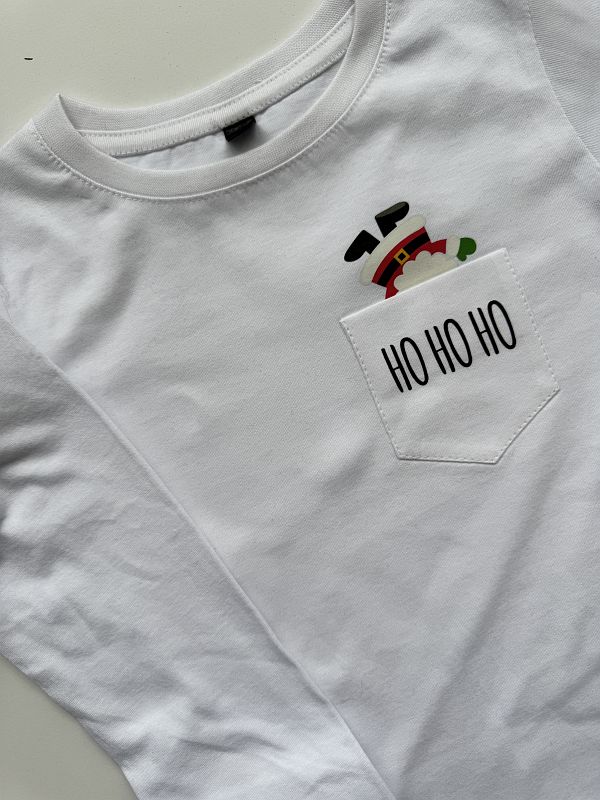 Koszulka biała długi rękaw Mikołaj ho ho w kieszonce rozmiar 116