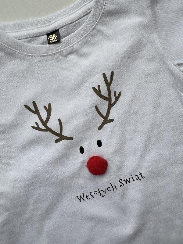 Koszulka biała krótki rękaw renifer z pluszowym noskiem rozmiar 98