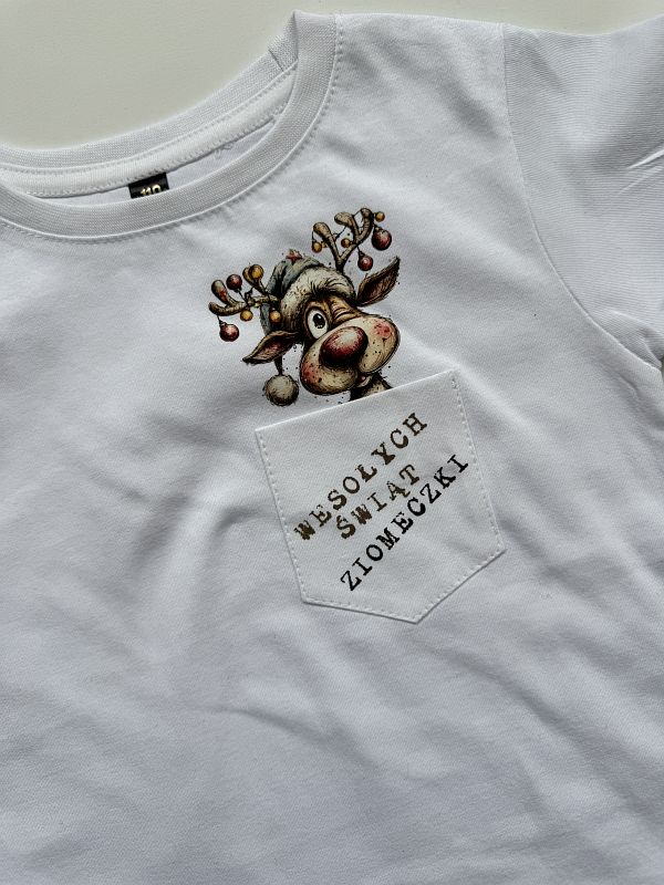 Koszulka biała krótki rękaw renifer w kieszonce rozmiar 110