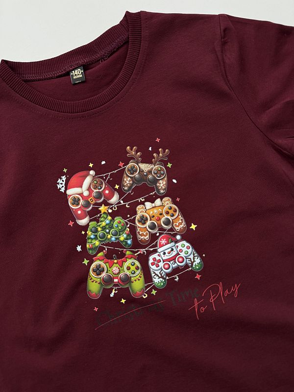 Koszulka bordowa krótki rękaw time to play rozmiar 140