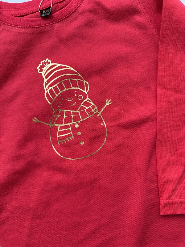 Koszulka czerwona długi rękaw złoty bałwanek rozmiar 104