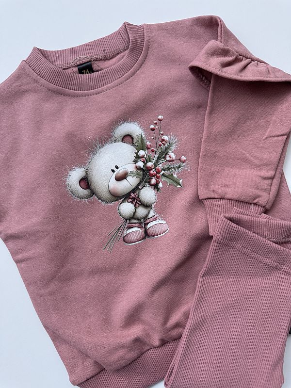 Komplet różowy bluza + getry prążek miś z gałązką rozmiar 74