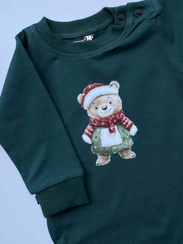 Body zielone z długim rękawem ze świątecznym misiem 74