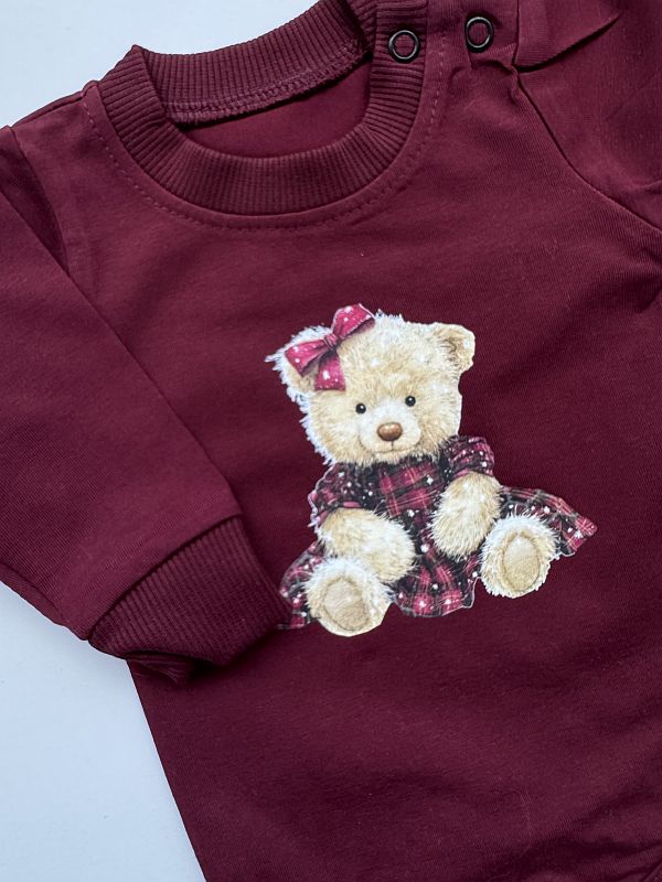 Body bordowe z długim rękawem z misiem w sukience 62