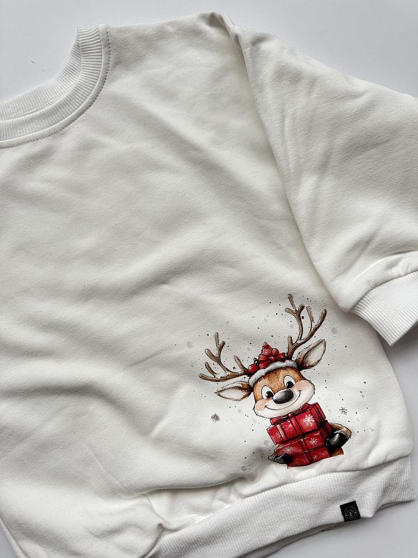 Bluza ecru z reniferem z prezentem 98